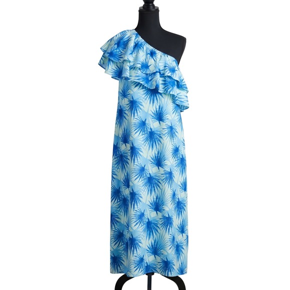 Vineyard Vines Dresses & Skirts - VINEYARD VINES Silk Blend Ruffle One-Shoulder Dress Blue Palm Leaf Size 2 $198